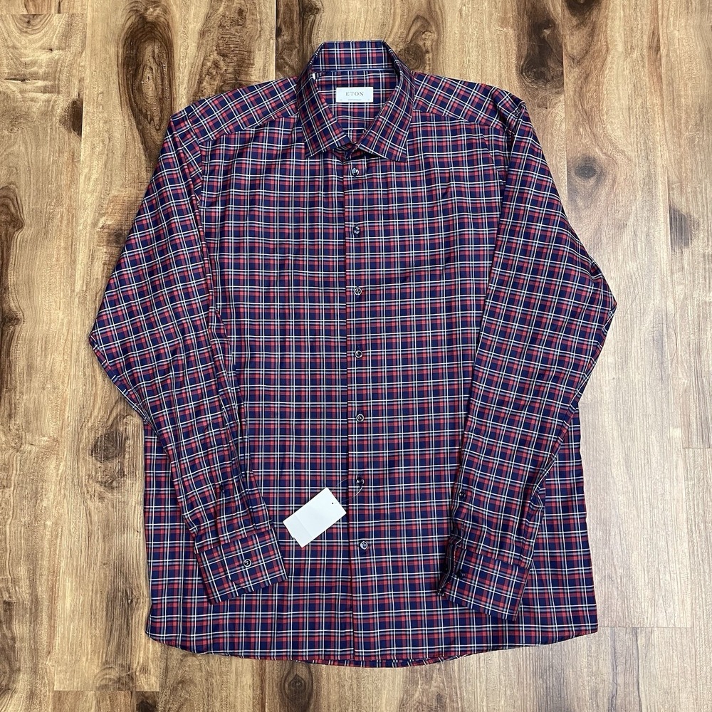 Eton Twill Dress Shirt Size 46/18 Contemporary Fit Navy Red Plaid 100% Cotton